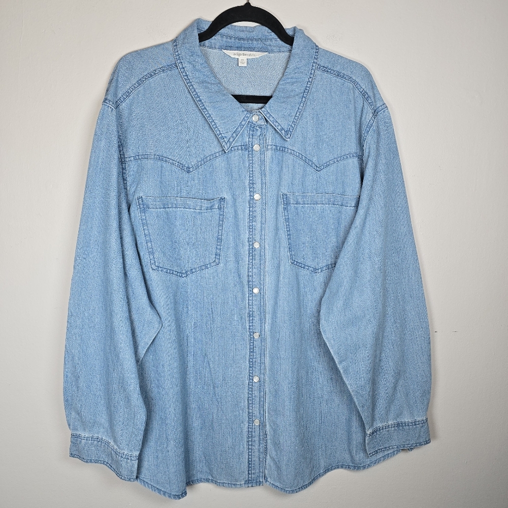 Indigo Thread Women's Button Down Chambray Top Long Sleeve Stretch 3X NWOT Chic